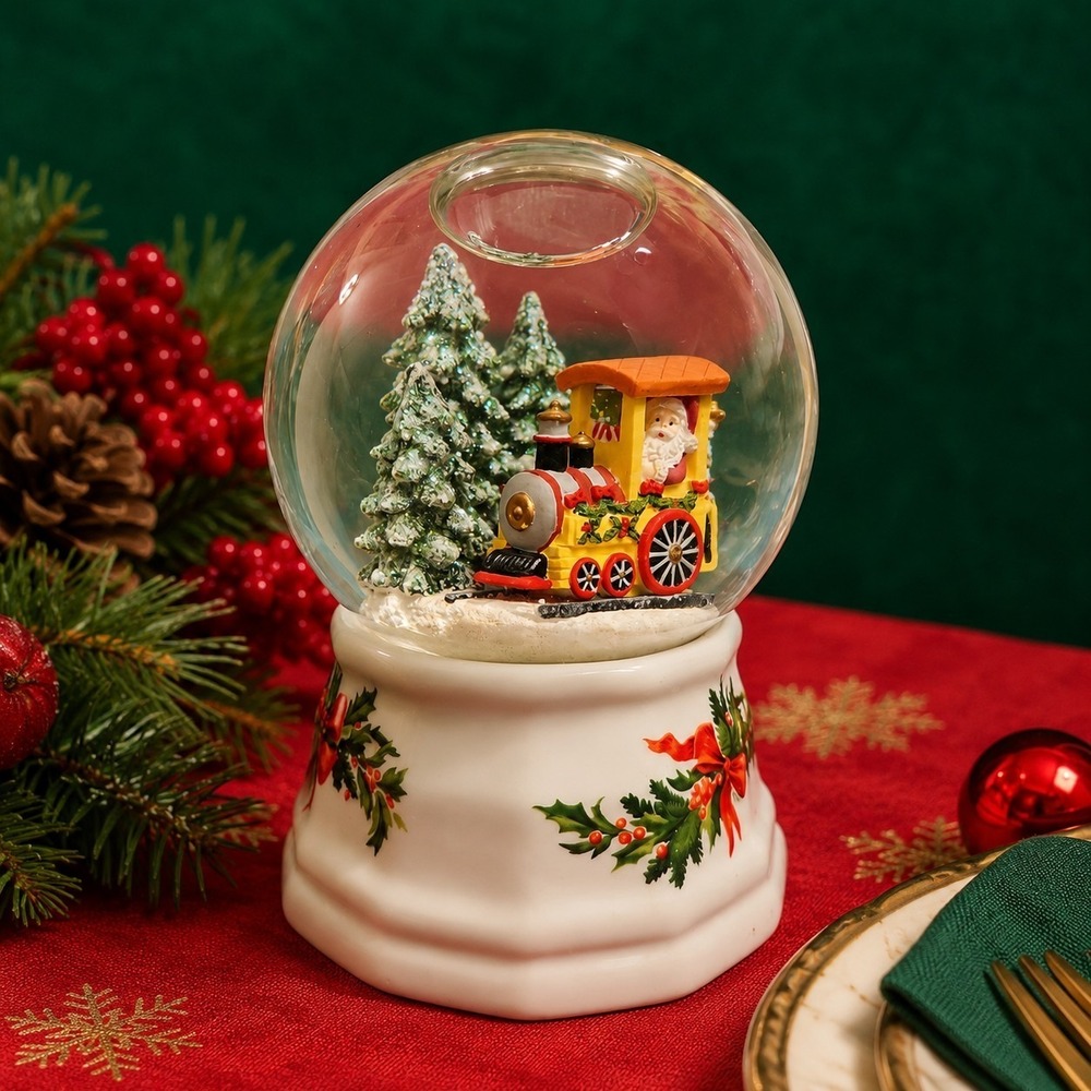 Pfaltzgraff Christmas Heritage Snow Globe Santa Train Music Box White Christmas